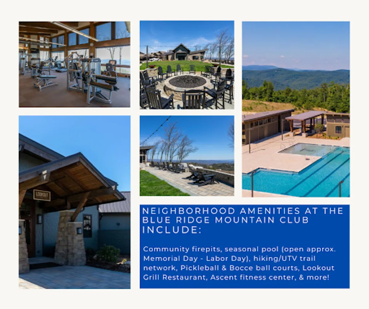 A vibrant outdoor community area featuring the fitness center, a firepit, swimming pool, and scenic views, where guests engage in activities like group fitness, community events, and relaxing by the fire.